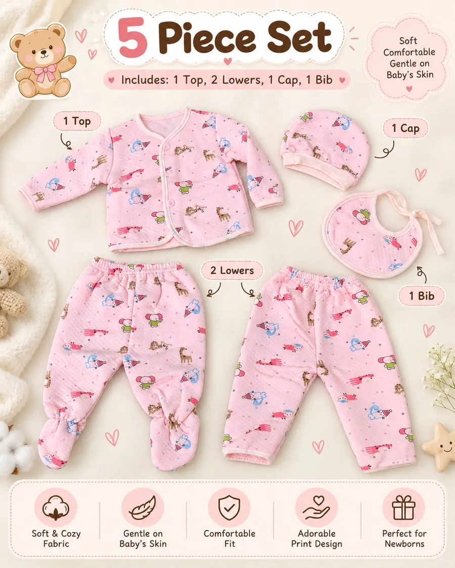 LEMCE Pink Parade 5-piece quilted cotton baby suit set flat lay with animal print