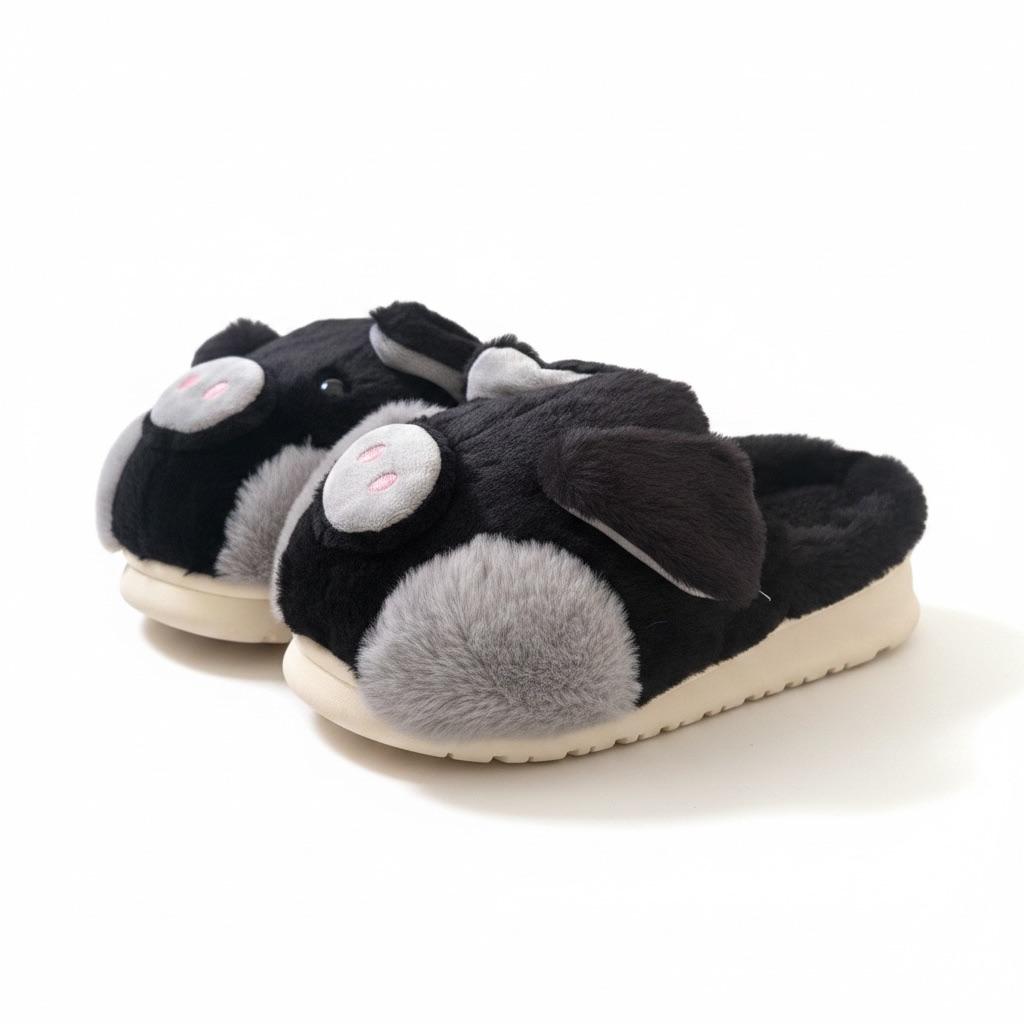 LEMCE Cloudstep black grey bunny plush slippers pair angled view fluffy cushioned sole