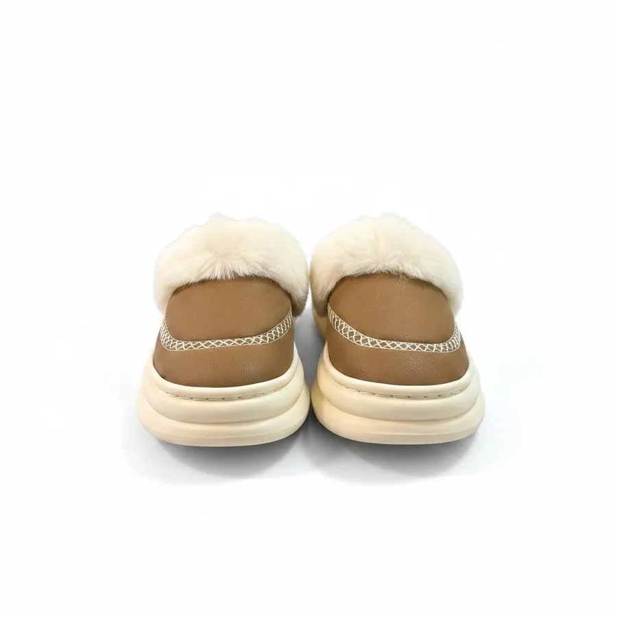LEMCE Cloudstep tan faux leather plush fur slippers rear view chunky cream sole pair
