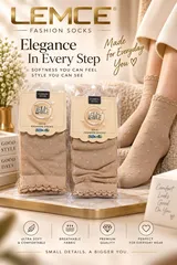 LEMCE LaceWave beige knit women's socks with lace trim, packaged pairs and worn close-up view