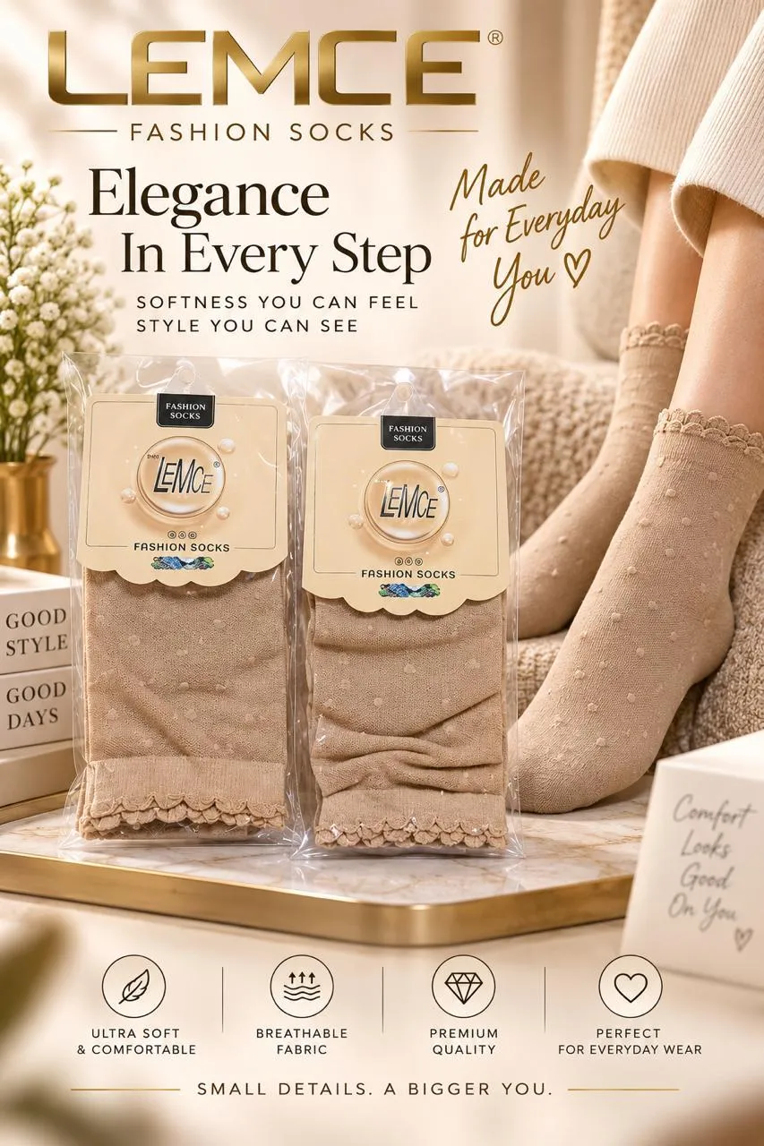 LEMCE LaceWave beige knit women's socks with lace trim, packaged pairs and worn close-up view