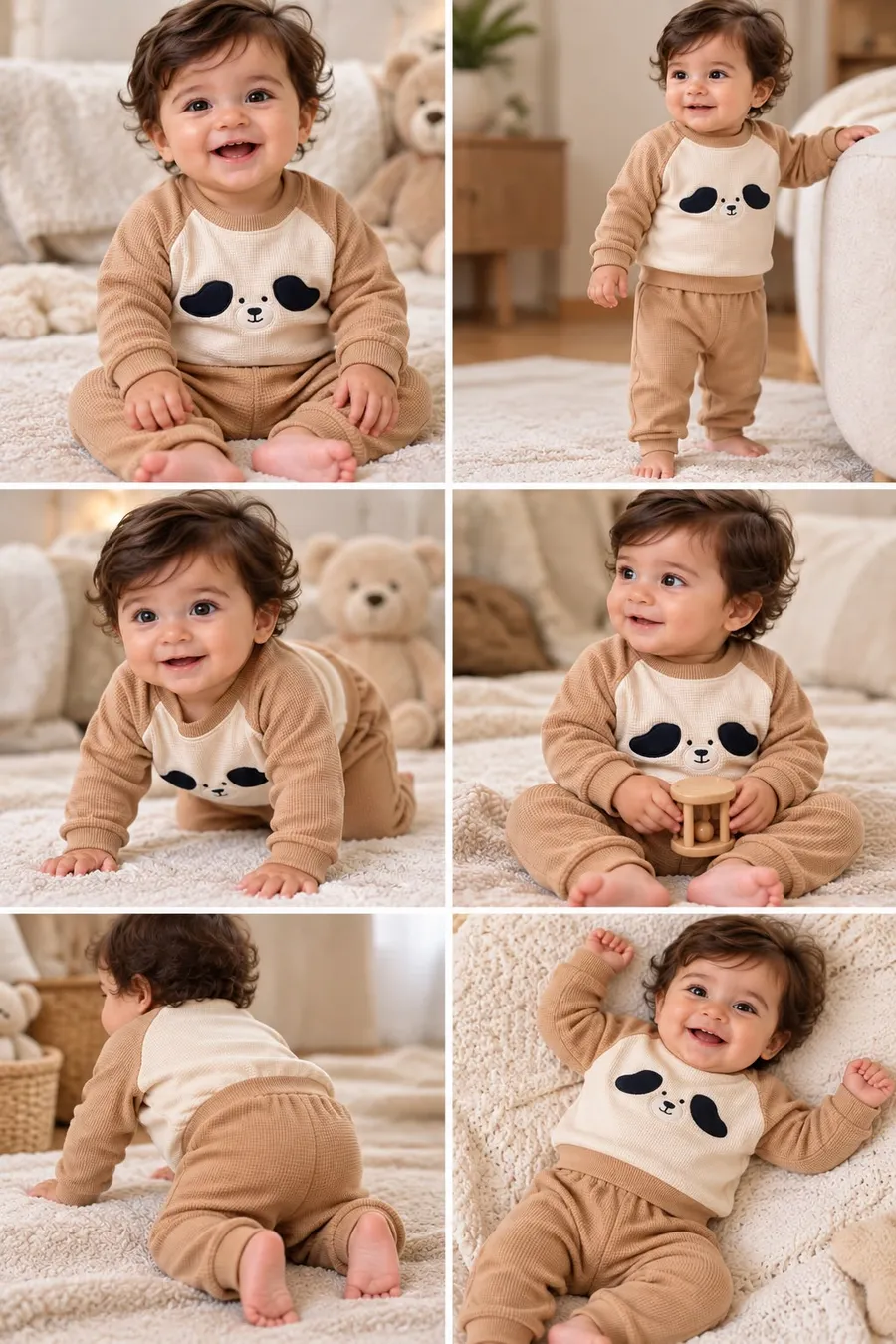 LEMCE Caramel Pup camel waffle cotton baby suit with pup appliqué, multi-pose collage view