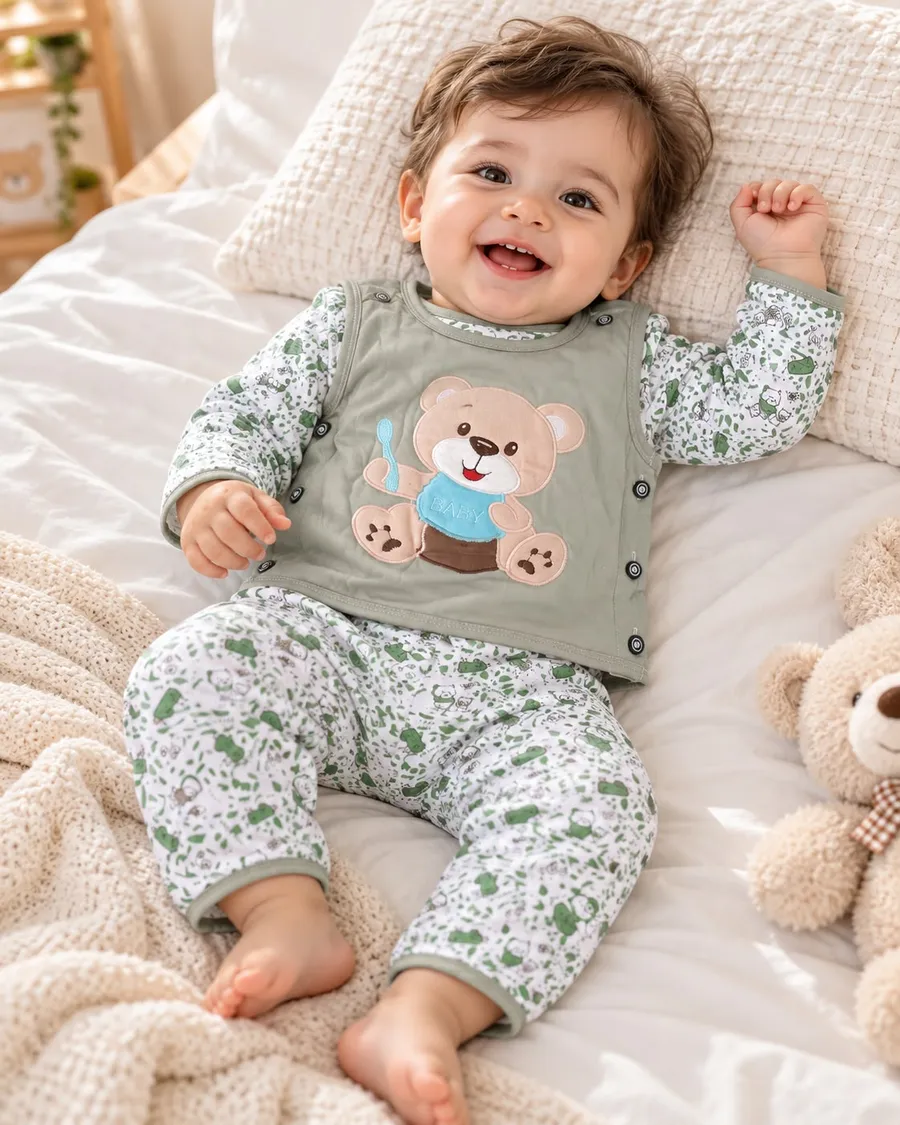 LEMCE Sage Cub soft cotton sage green bear appliqué baby suit full body view