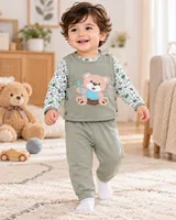 LEMCE Sage Cub soft cotton sage green baby suit with bear appliqué, full-body toddler view