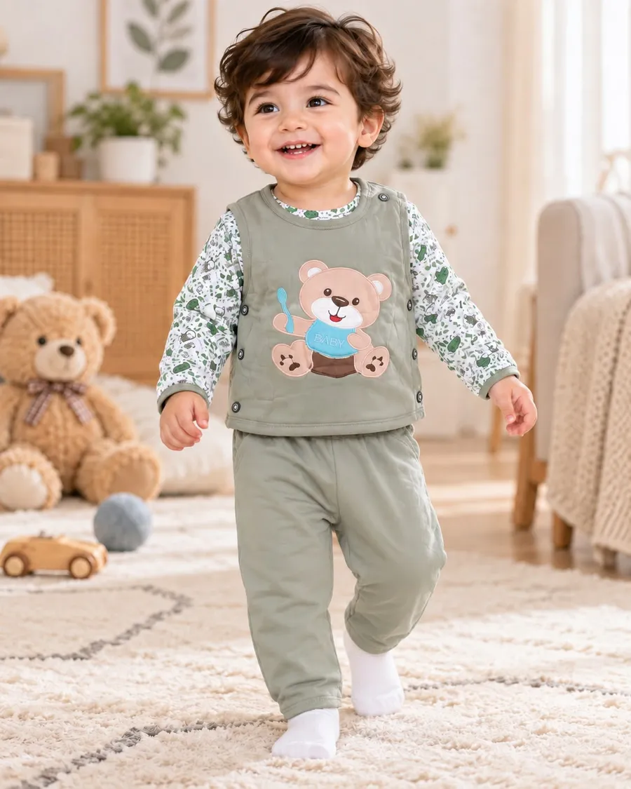 LEMCE Sage Cub soft cotton sage green baby suit with bear appliqué, full-body toddler view