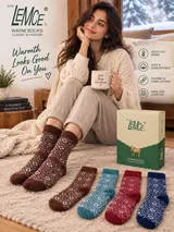 LEMCE Alpine Bloom plush knit women's winter socks in brown blue red navy diamond pattern lifestyle view