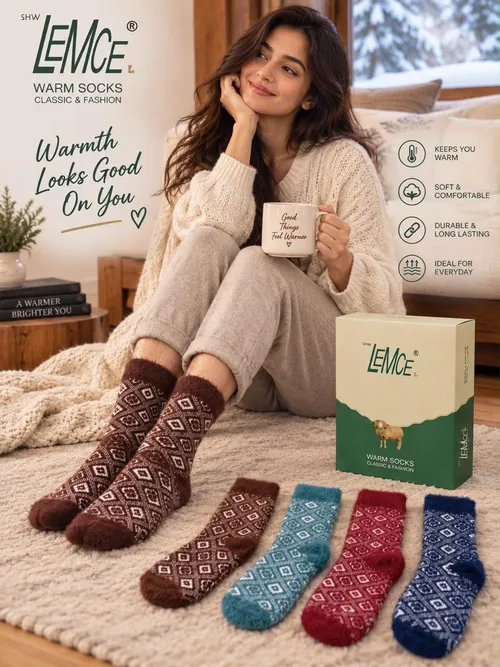 LEMCE Alpine Bloom plush knit women's winter socks in brown blue red navy diamond pattern lifestyle view