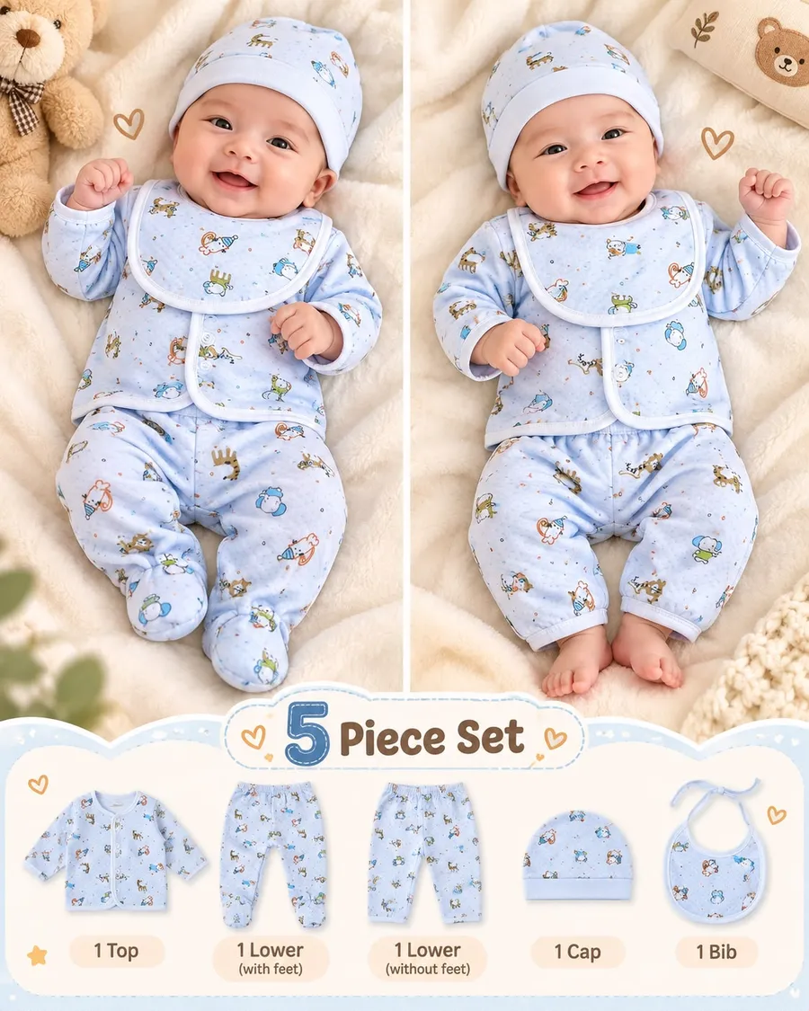 LEMCE Blue Parade baby 5-piece cotton set with animal print top pants cap bib flat lay