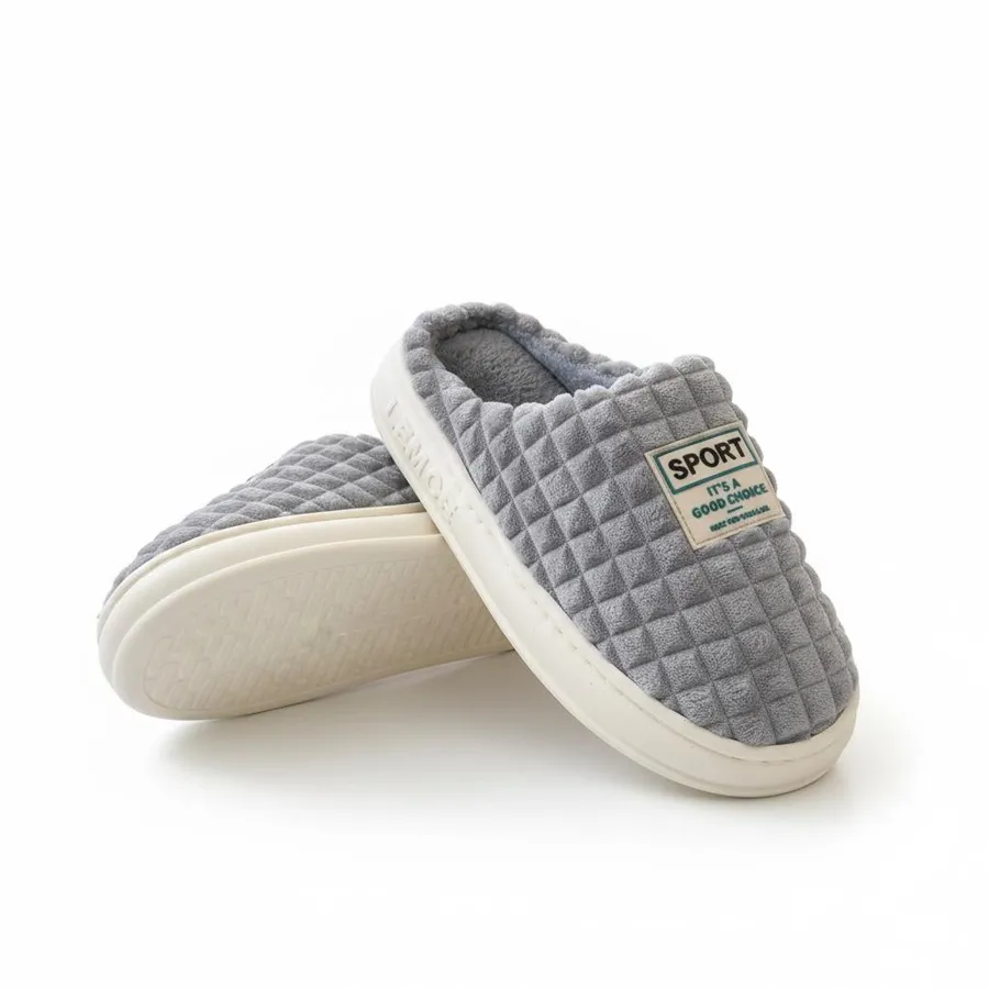 LEMCE Cloudstep grey quilted plush men's slippers pair side and sole view white sole