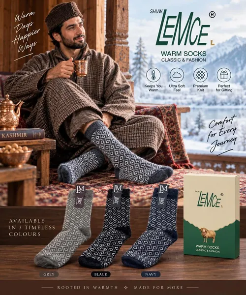 LEMCE Highland men's winter wool socks grey black navy diamond knit pattern lifestyle shot