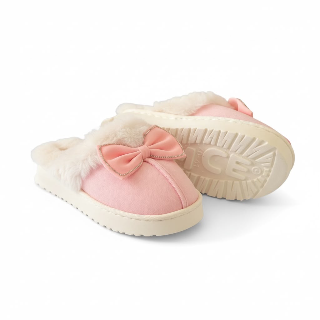 LEMCE Cloudstep pink plush faux fur slippers with bow, sole view, pair angled shot