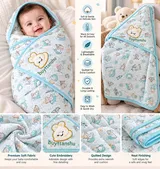 LEMCE baby blanket blue quilted cotton wrap swaddle with bear print on smiling infant