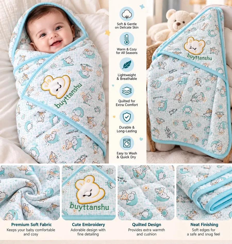 LEMCE baby blanket blue quilted cotton wrap swaddle with bear print on smiling infant