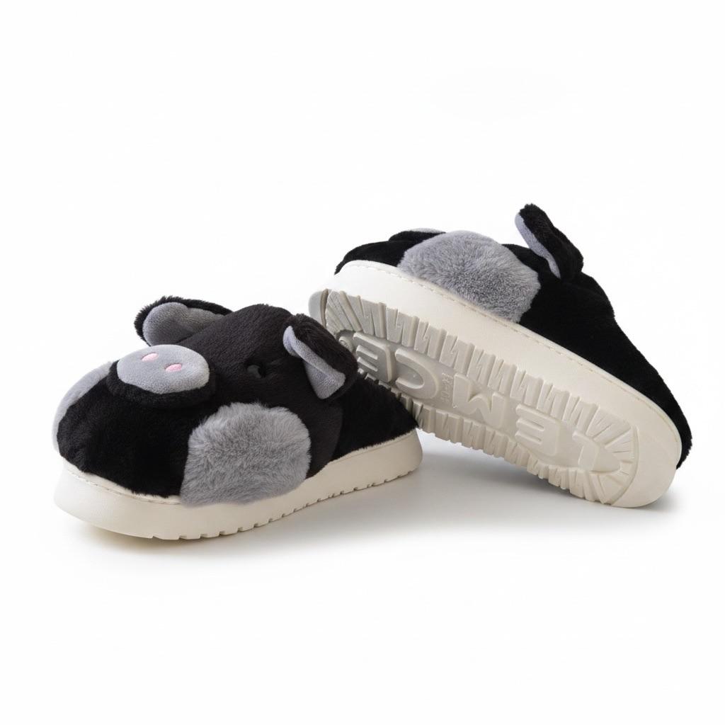 LEMCE Cloudstep black grey plush animal slippers pair showing sole and front cushioned view