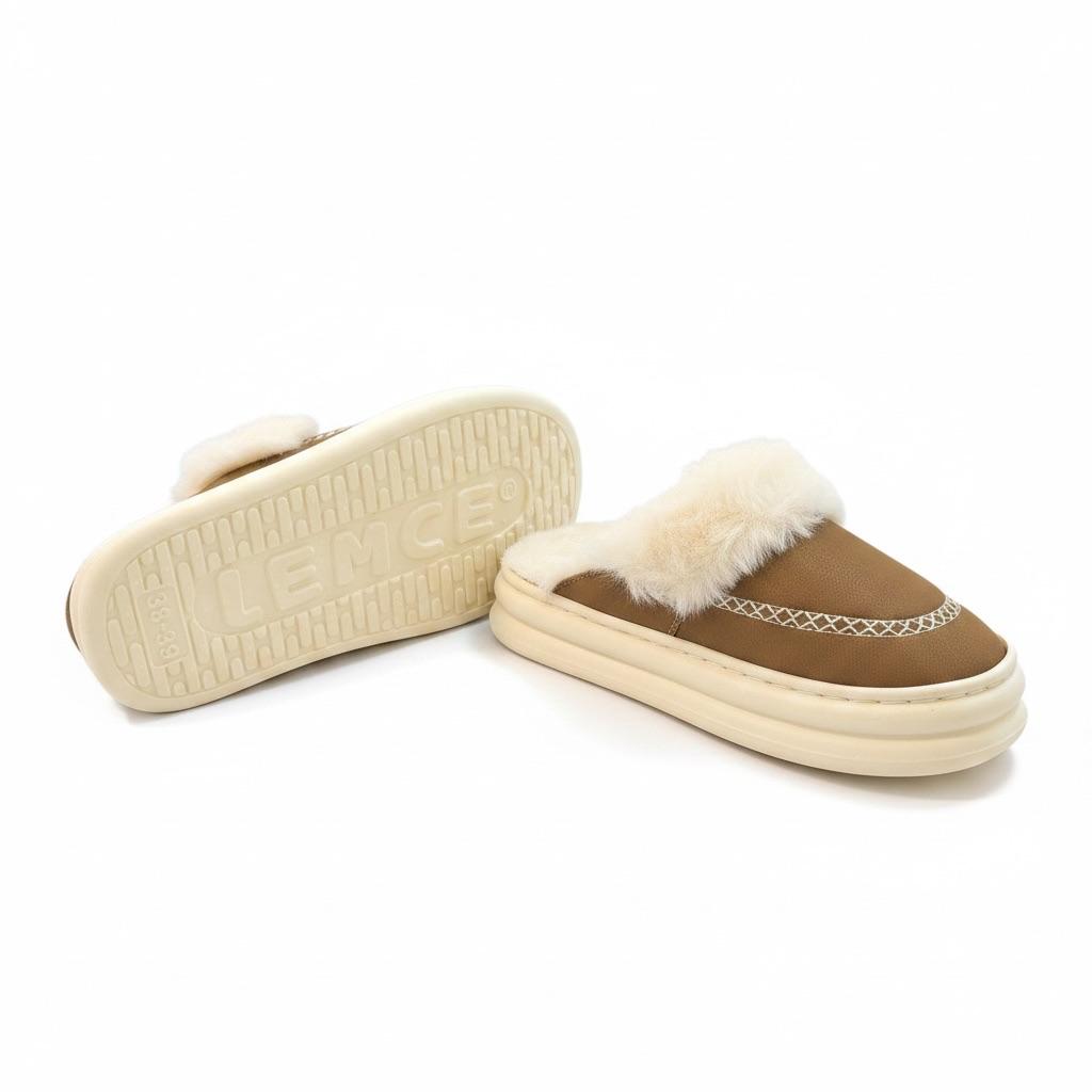 LEMCE Cloudstep cream plush faux fur trim slippers pair angled view chunky sole