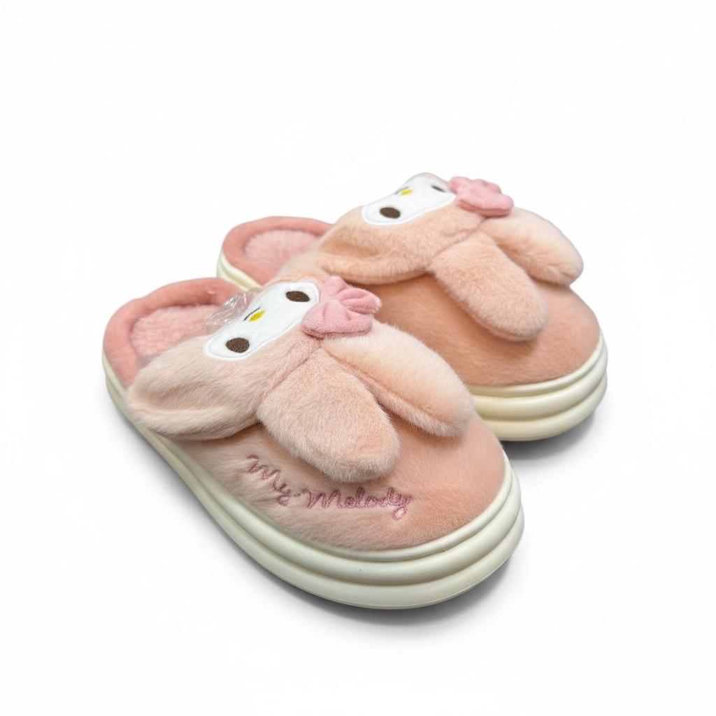 LEMCE Cloudstep pink plush slippers pair with cartoon face detail and cushioned sole side view