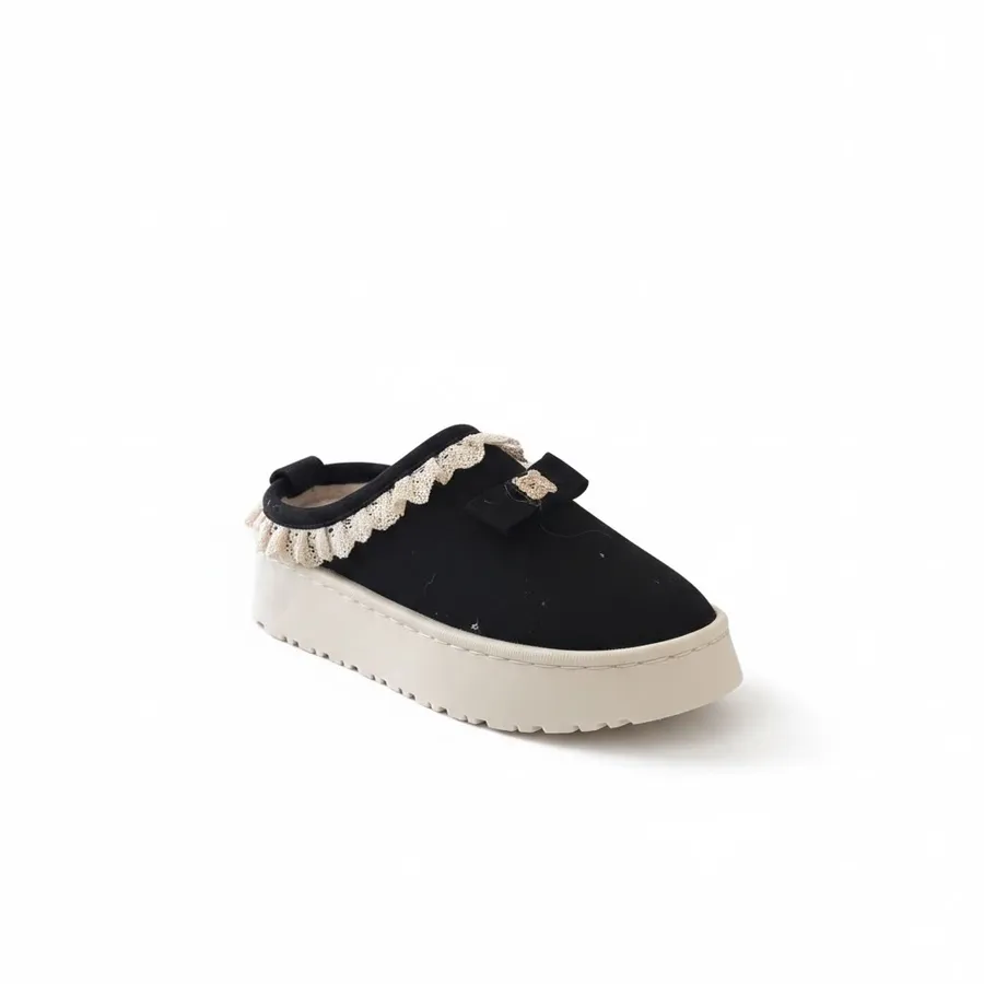 LEMCE Cloudstep black plush slipper with cream lace trim bow cushioned white sole side view