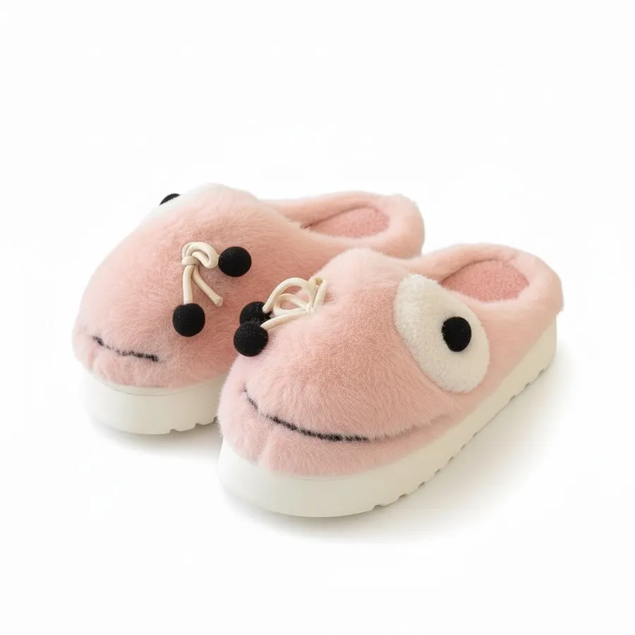 LEMCE Cloudstep pink plush faux fur novelty slippers with cartoon face detail, pair side view