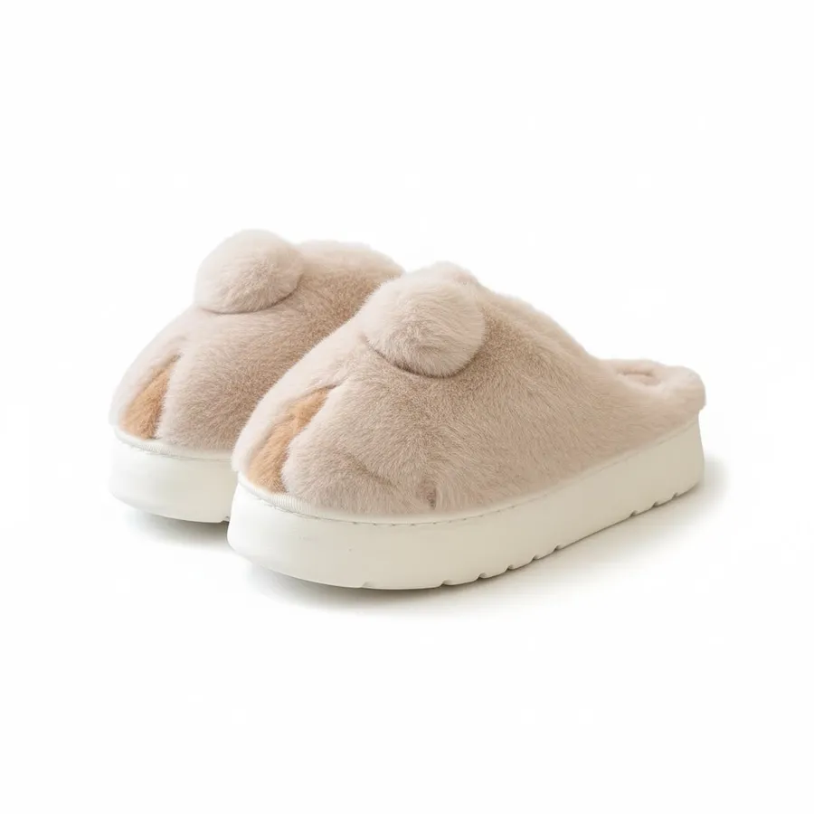 LEMCE Cloudstep Plush Slippers beige faux-fur upper white EVA sole pair angled view