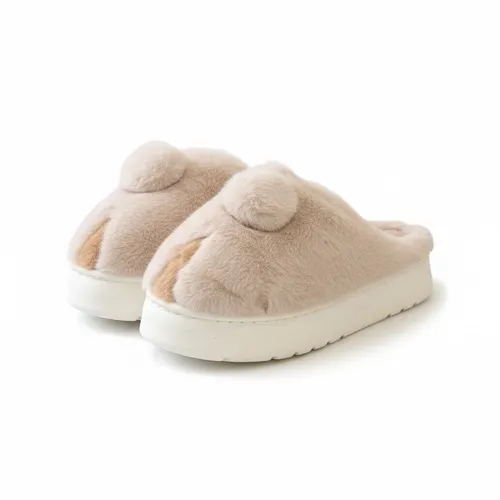 LEMCE Cloudstep Plush Slippers beige faux-fur upper white EVA sole pair angled view