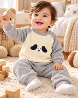 LEMCE Cloud Pup grey cream waffle-knit baby suit with pup patch full body front view