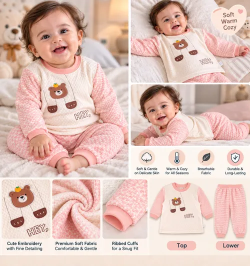 LEMCE Blush Bear pink cream quilted cotton baby suit with bear embroidery full-body view
