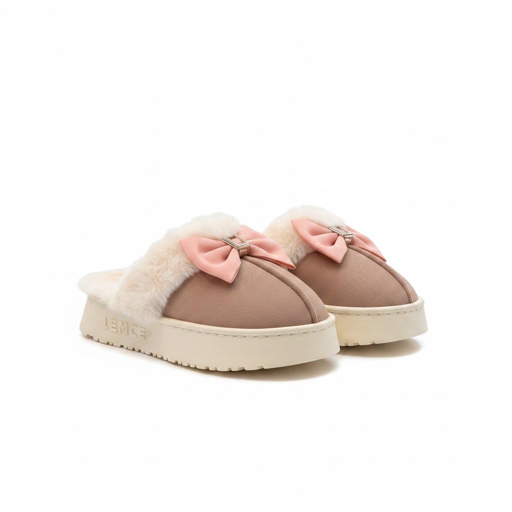 LEMCE Cloudstep plush slippers taupe suede faux fur trim pink bow platform sole pair view