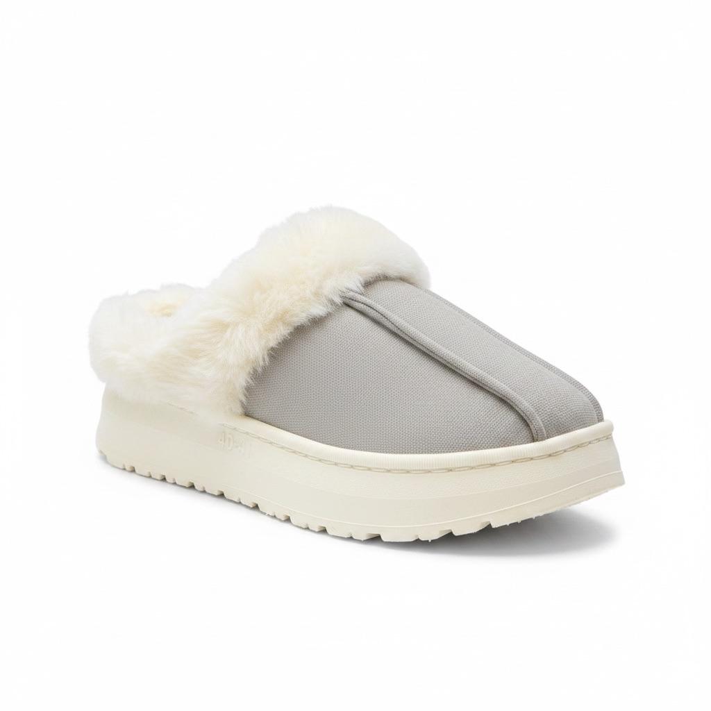 LEMCE Cloudstep grey plush faux-fur trim slipper white platform sole angled view