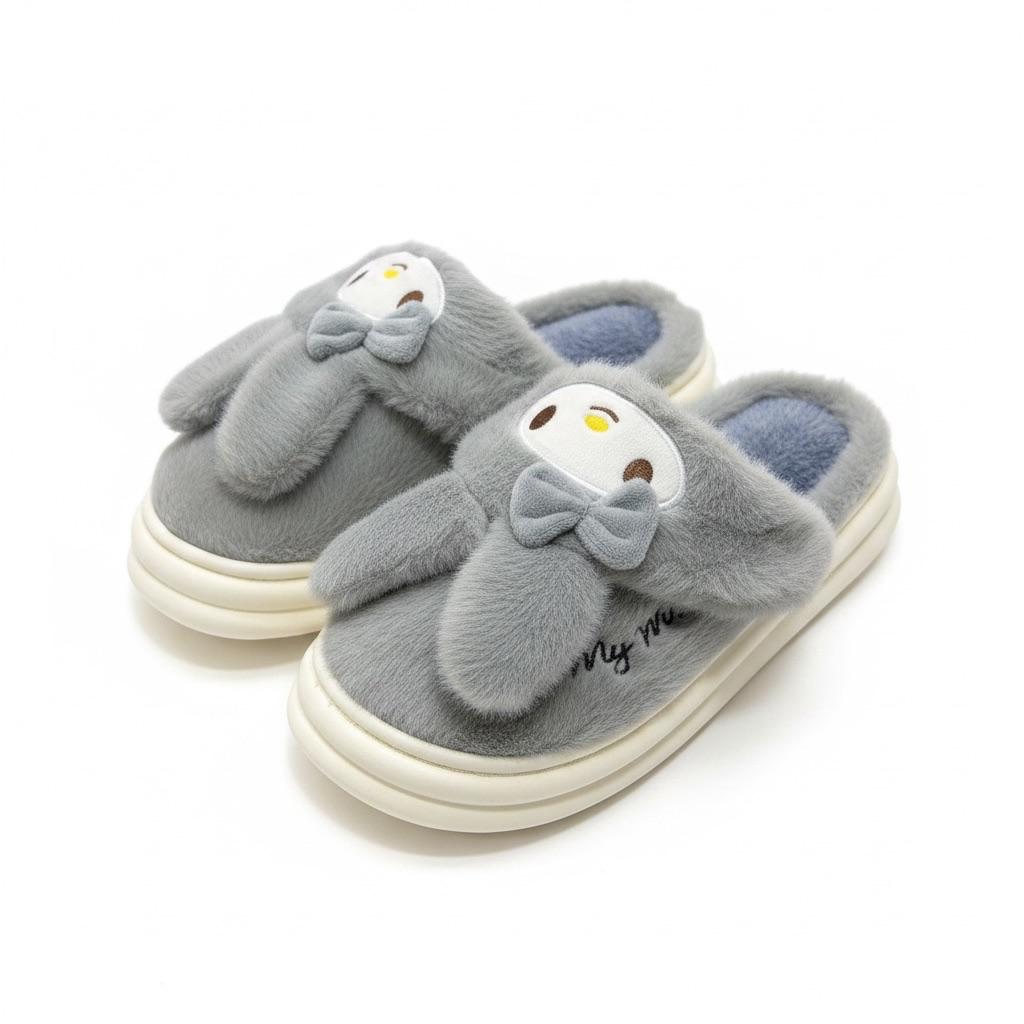 LEMCE Cloudstep grey plush slippers with cartoon dog bow detail, cushioned sole, pair side view