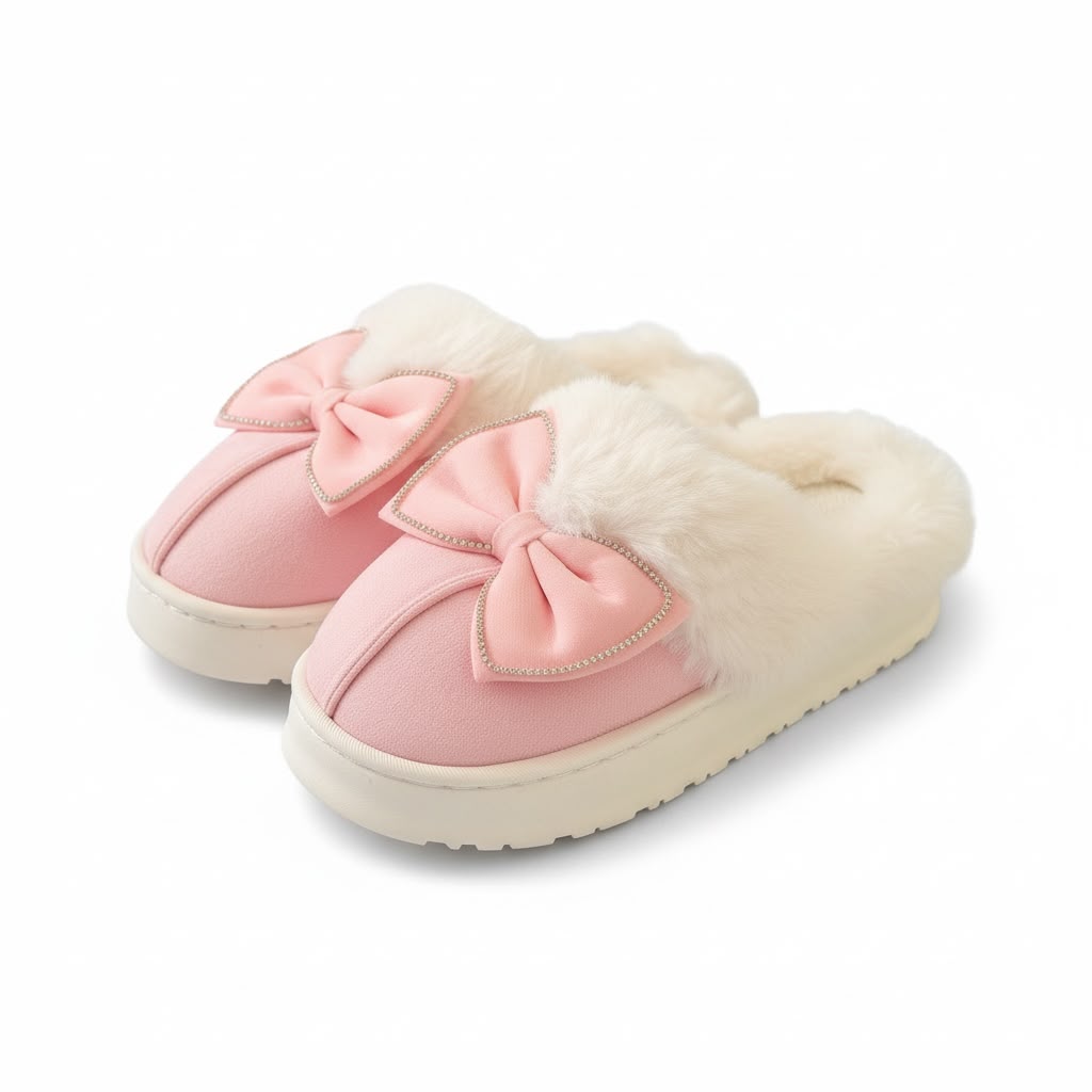 LEMCE Cloudstep pink plush faux fur slippers with bow detail, cream fluffy trim, pair side view