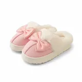 LEMCE Cloudstep pink plush faux fur slippers with bow detail, cream fluffy trim, pair side view