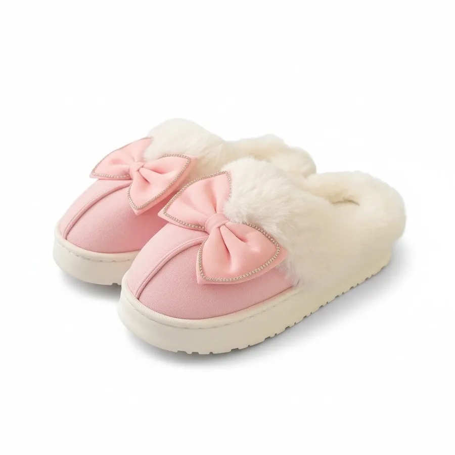 LEMCE Cloudstep pink plush faux fur slippers with bow detail, cream fluffy trim, pair side view