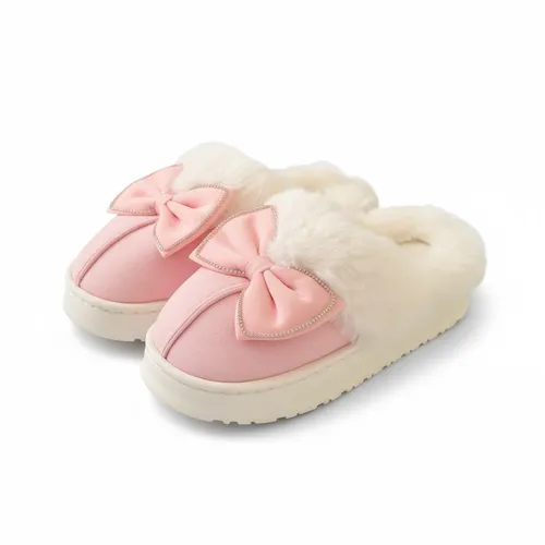LEMCE Cloudstep pink plush faux fur slippers with bow detail, cream fluffy trim, pair side view
