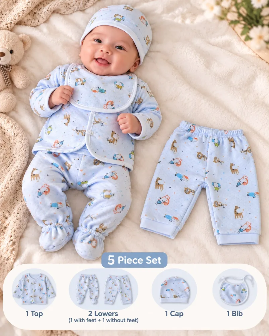 LEMCE Blue Parade 5-piece baby suit set with animal print cotton flatlay view