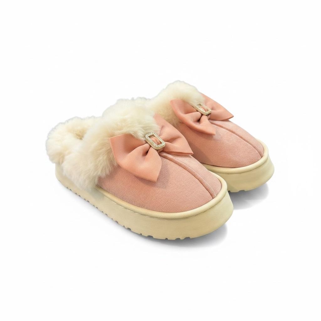 LEMCE Cloudstep pink suede plush faux fur slippers with satin bow pair angled view