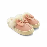 LEMCE Cloudstep pink suede plush faux fur slippers with satin bow pair angled view