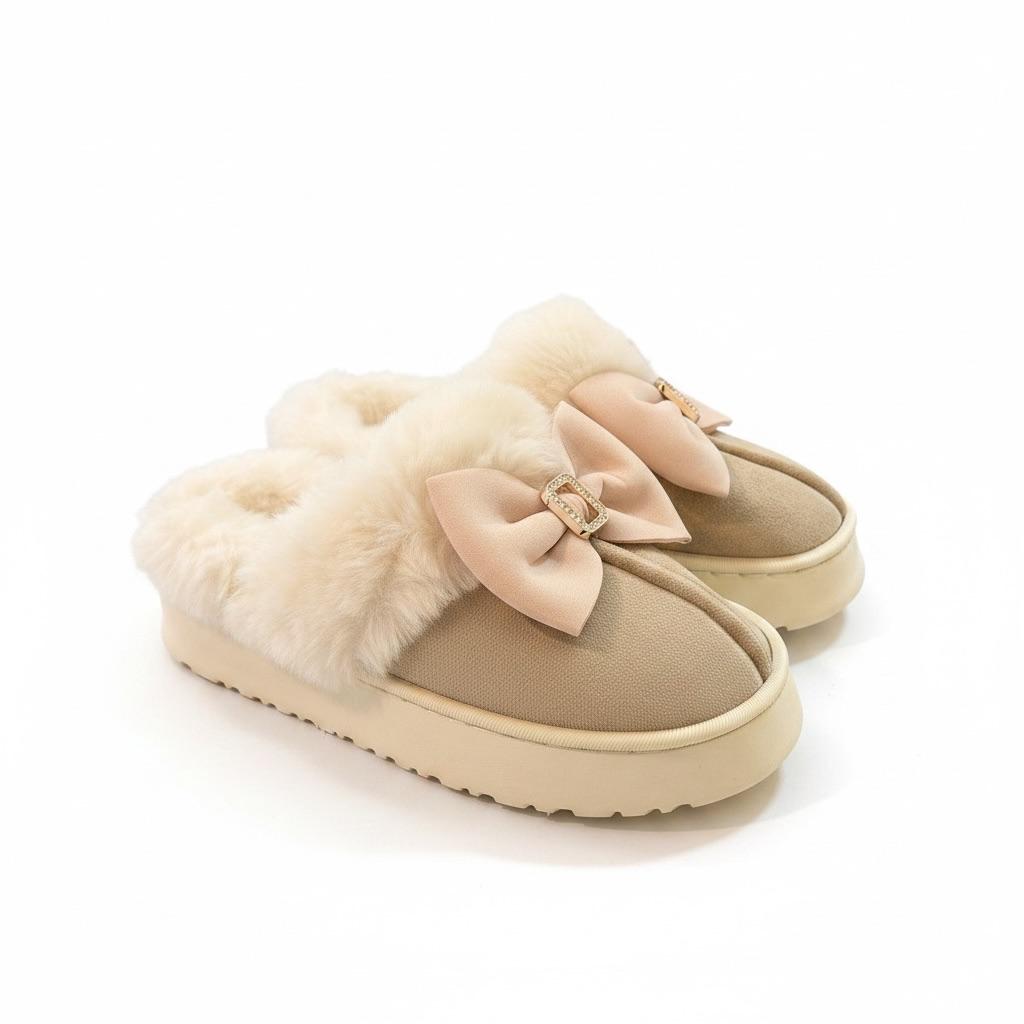 LEMCE Cloudstep beige plush faux fur slippers with pink satin bow, angled pair view
