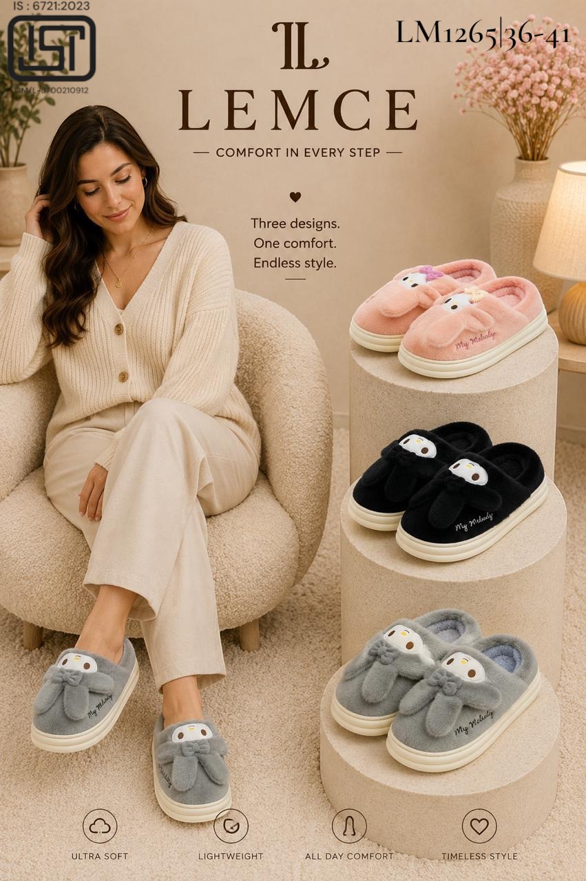 LEMCE Cloudstep plush slippers in pink black grey fluffy cartoon design cushioned sole trio view
