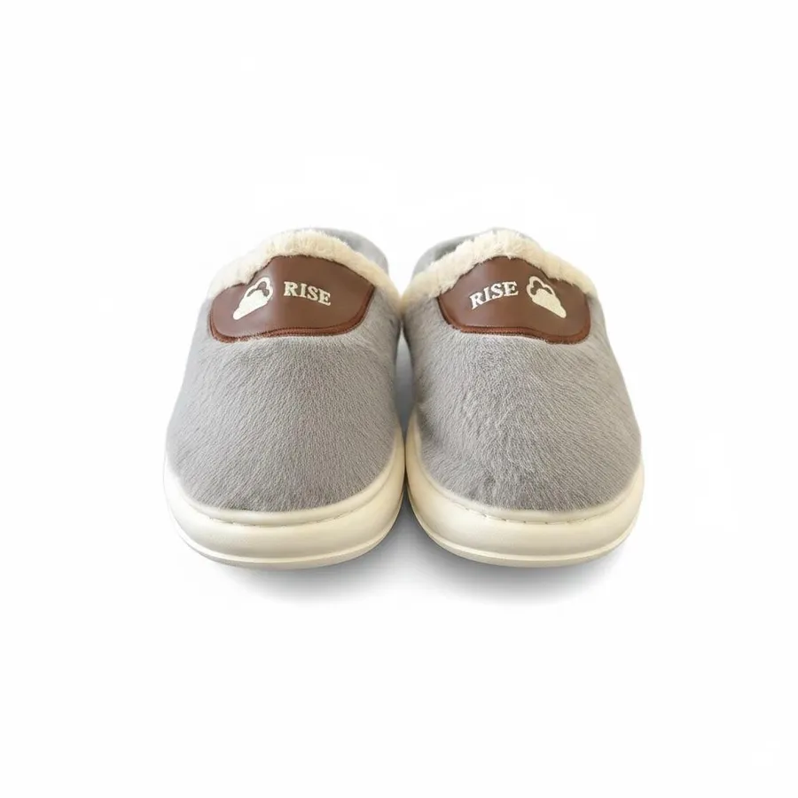 LEMCE Cloudstep taupe plush faux fur slippers pair showing sole and side view EVA cushioned base