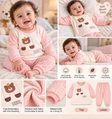 LEMCE Blush Bear quilted cotton baby suit pink cream bear embroidery full-body multi-view