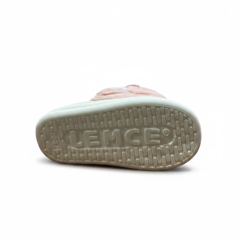 LEMCE Cloudstep pink plush slipper bottom view showing ribbed white non-slip sole