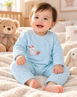 LEMCE Bunny Bluebell soft blue plush cotton baby suit with bunny print, full-body front view