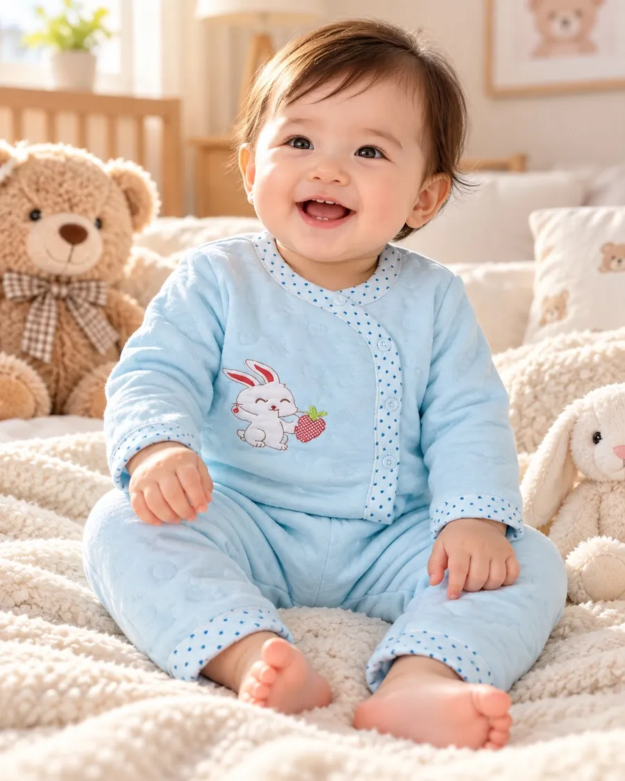 LEMCE Bunny Bluebell soft blue plush cotton baby suit with bunny print, full-body front view
