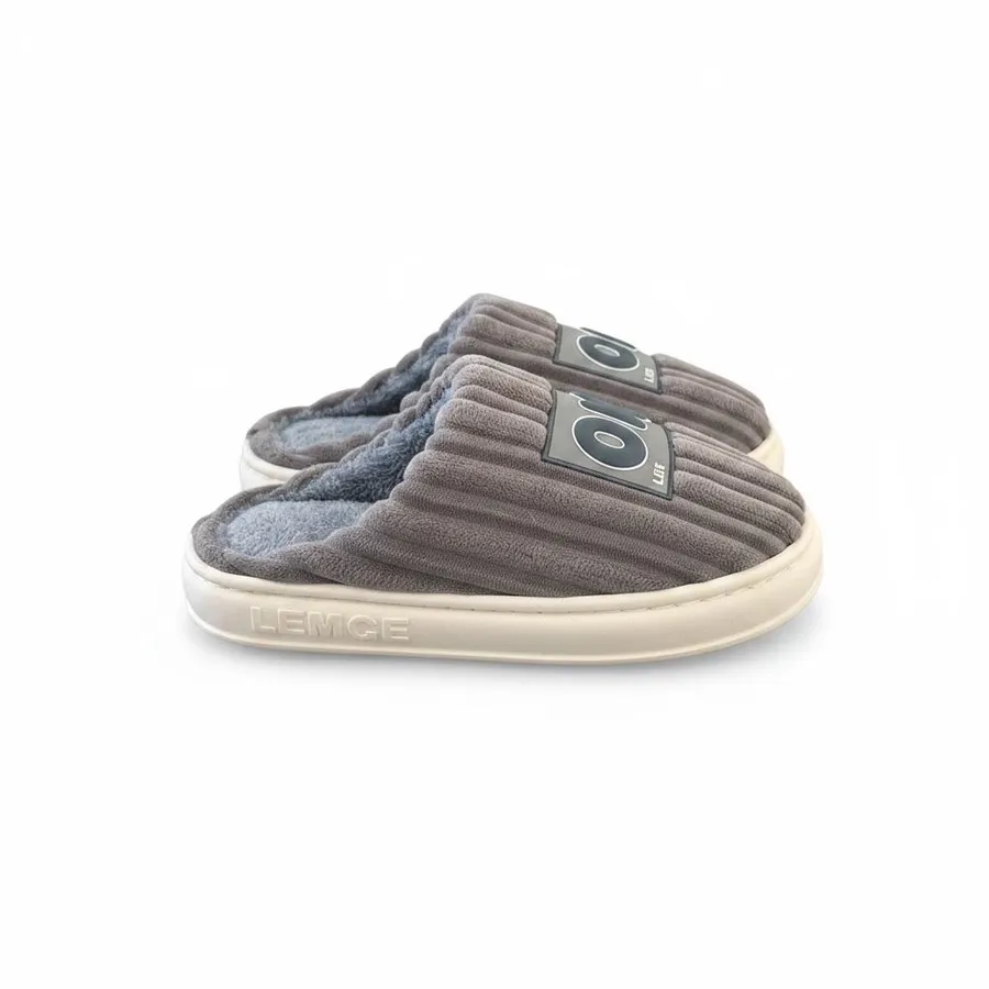 LEMCE Cloudstep plush slippers taupe ribbed modal pair side view chunky white sole OK patch