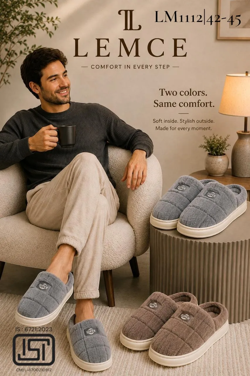 LEMCE Cloudstep plush slippers grey brown quilted fluffy upper cushioned sole lifestyle view