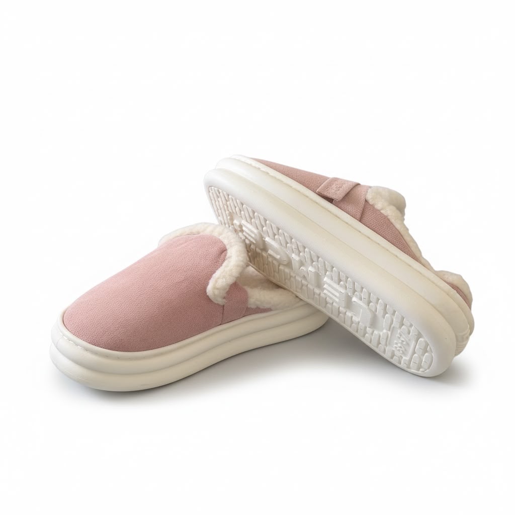 LEMCE Cloudstep pink plush suede slippers pair showing sherpa lining and white rubber sole detail