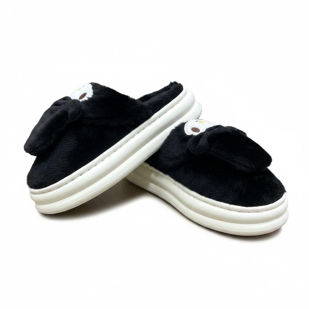 LEMCE Cloudstep black plush slippers pair with bow detail white chunky sole side view