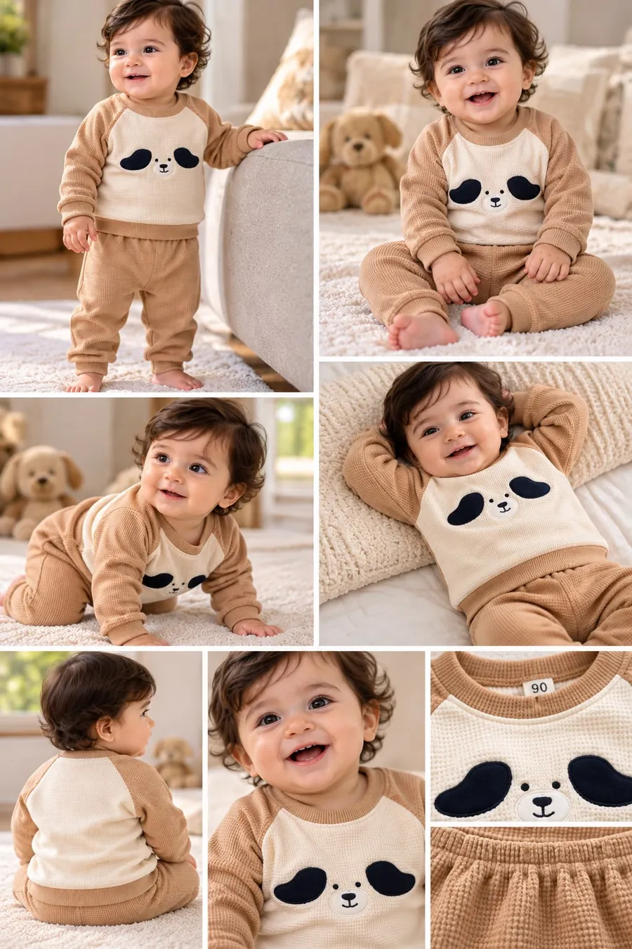 LEMCE Caramel Pup baby suit caramel cream waffle cotton pup face multi-angle view
