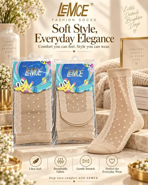 LEMCE beige sheer polka dot footie socks with lace trim, packaged and styled flat lay view