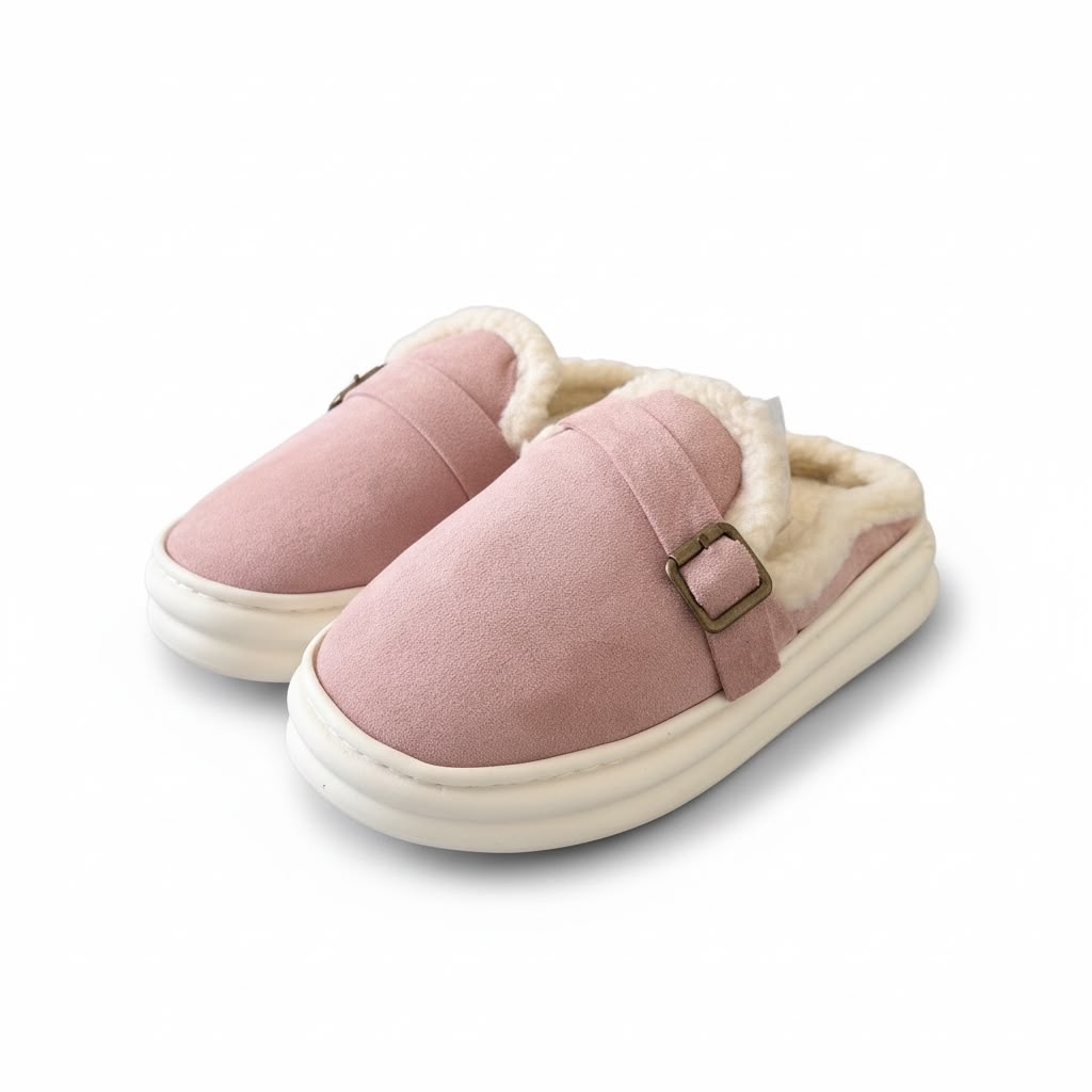 LEMCE Cloudstep pink plush faux suede sherpa slippers pair showing sole and upper angled view
